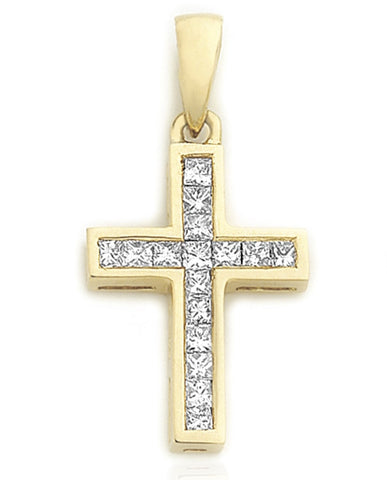 Holdsworth 18K Yellow Gold Princess Cut Cross Diamond Pendant.