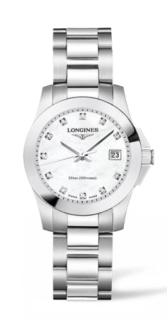 Ladies Longines Conquest Watch with Mother of Pearl and 11 Diamond Dial.