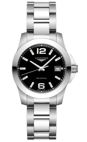 Ladies Longines Conquest Sport Black and Silver Dial Watch.