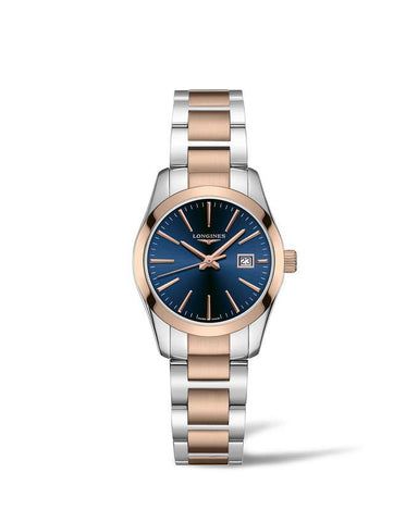 Ladies Longines Conquest Classic quartz watch with blue dial and date.