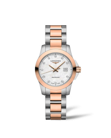 Ladies Longines Conquest Watch Diamond Mother of Pearl Dial Watch.