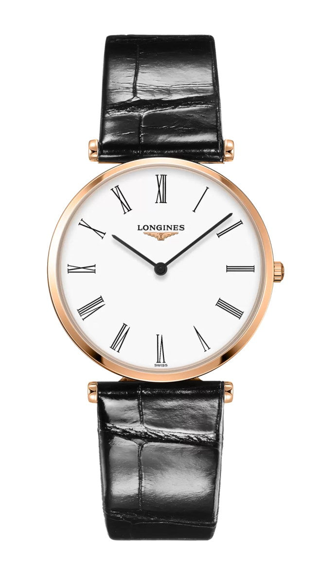 Gents Longines La Grande Classique de Longines quartz watch with white dial and water resistant to 30 meters. Rose Gold stainless steel construction with black leather wrist band.&nbsp; Diameter 36mm.