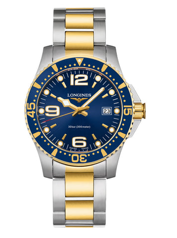 Gents Longines HydroConquest quartz watch with blue dial, date and water resistant to 300 meters.