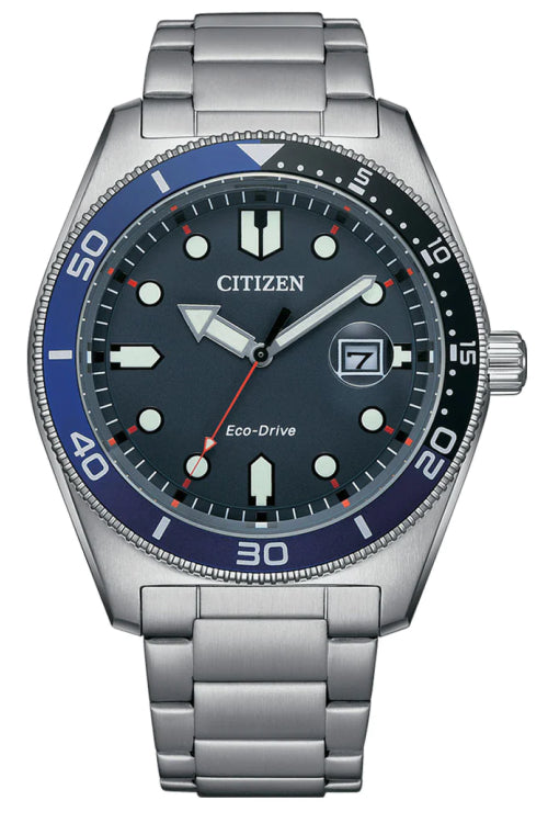 Gents Citizen Dress Eco-Drive watch with blue dial and stainless steel bracelet.