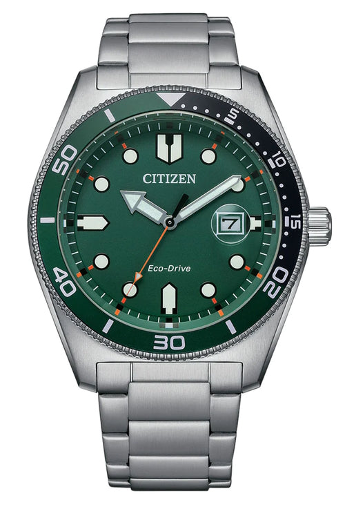 Gents Citizen Dress Eco-Drive watch with green dial, stainless steel case and bracelet.